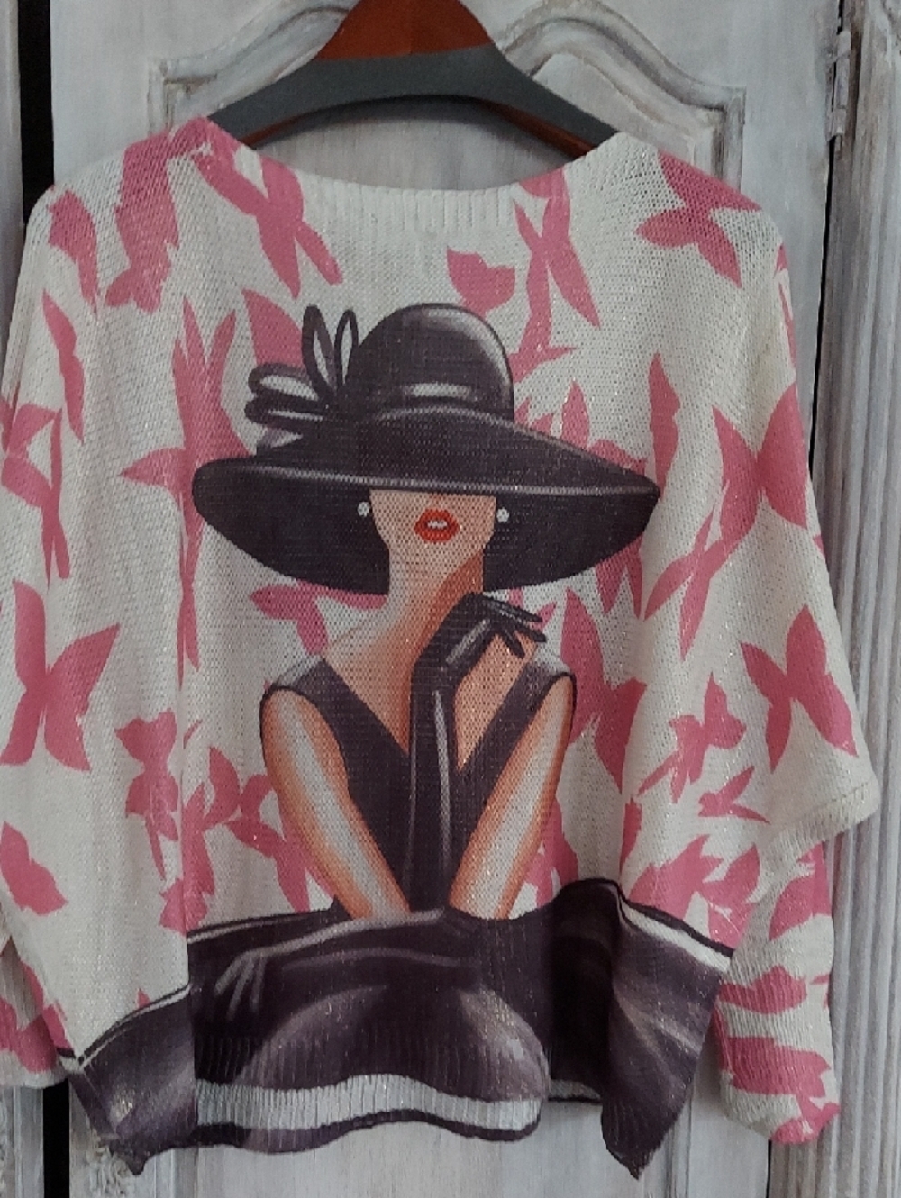 Cream & Pink Botanical Graphic Pullover Sweatshirt with Woman Motif - Picture 5 of 7